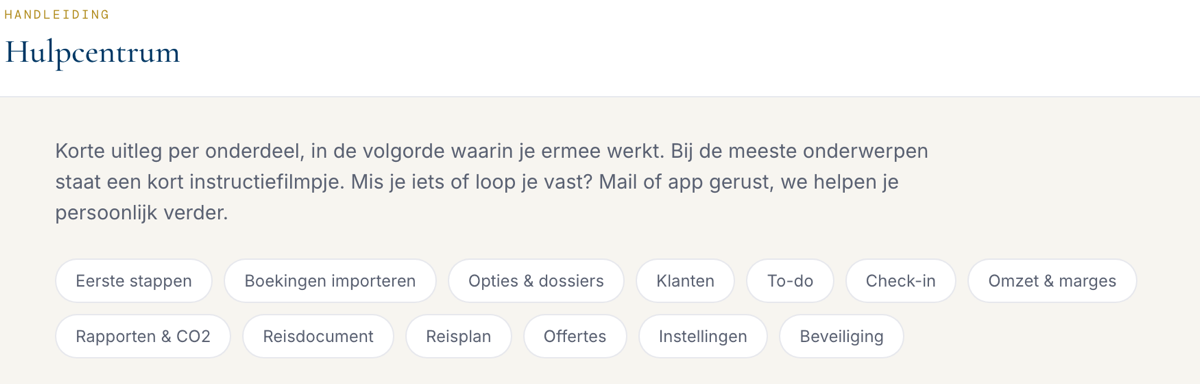 Het hulpcentrum met alle onderwerpen als knoppen bovenaan