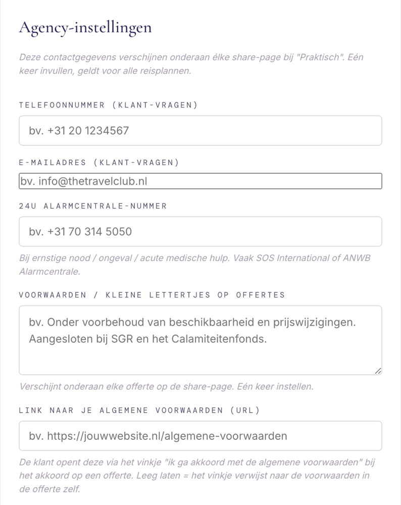 Het venster Agency-instellingen met de velden voor voorwaarden en reisinformatie