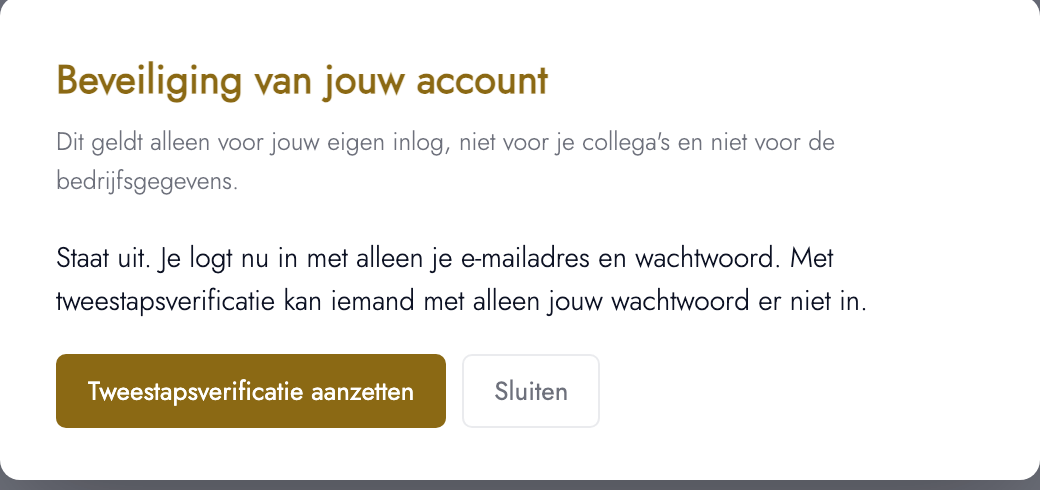 Het venster Beveiliging van jouw account, met de knop Tweestapsverificatie aanzetten