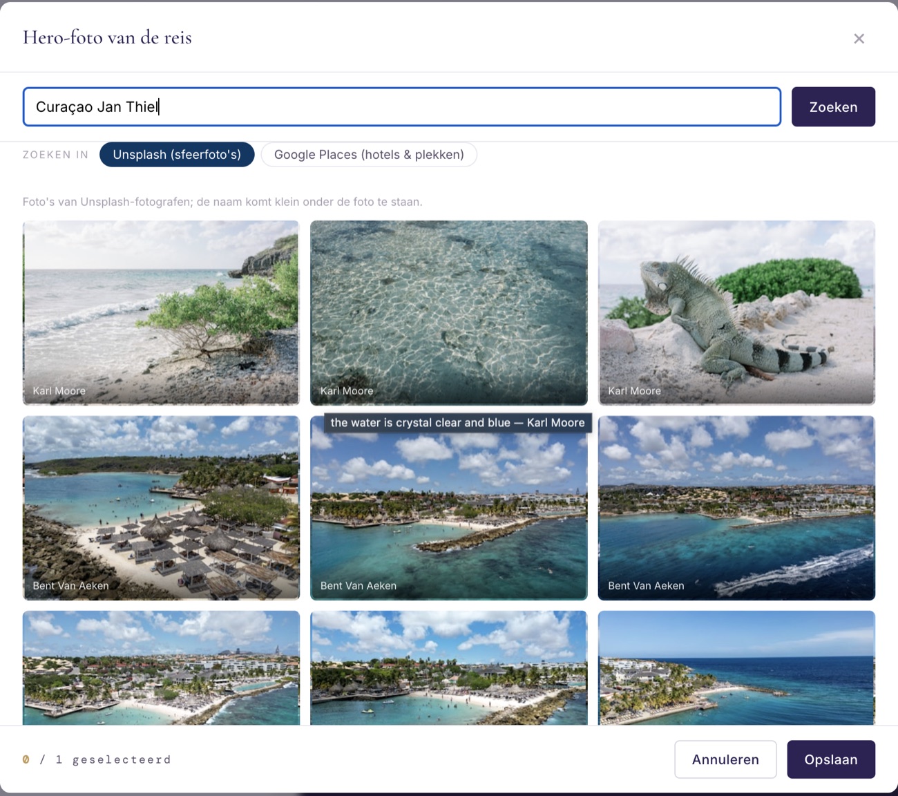 De fotokiezer met sfeerfoto's van Unsplash voor een bestemming