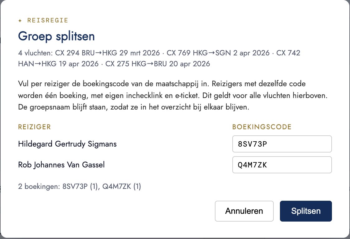 Het venster Groep splitsen: per reiziger een boekingscode, twee reizigers met twee verschillende codes