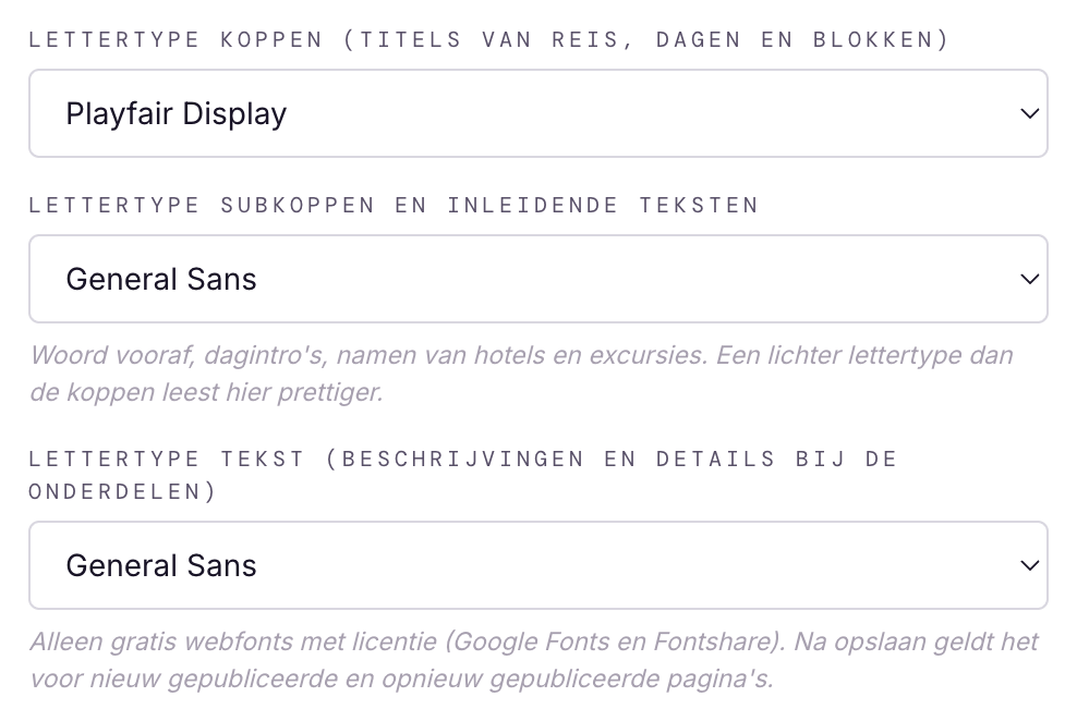 De drie lettertype-keuzes in de agency-instellingen: koppen, subkoppen en tekst