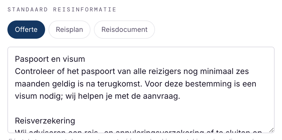 Standaard reisinformatie met de tabbladen Offerte, Reisplan en Reisdocument