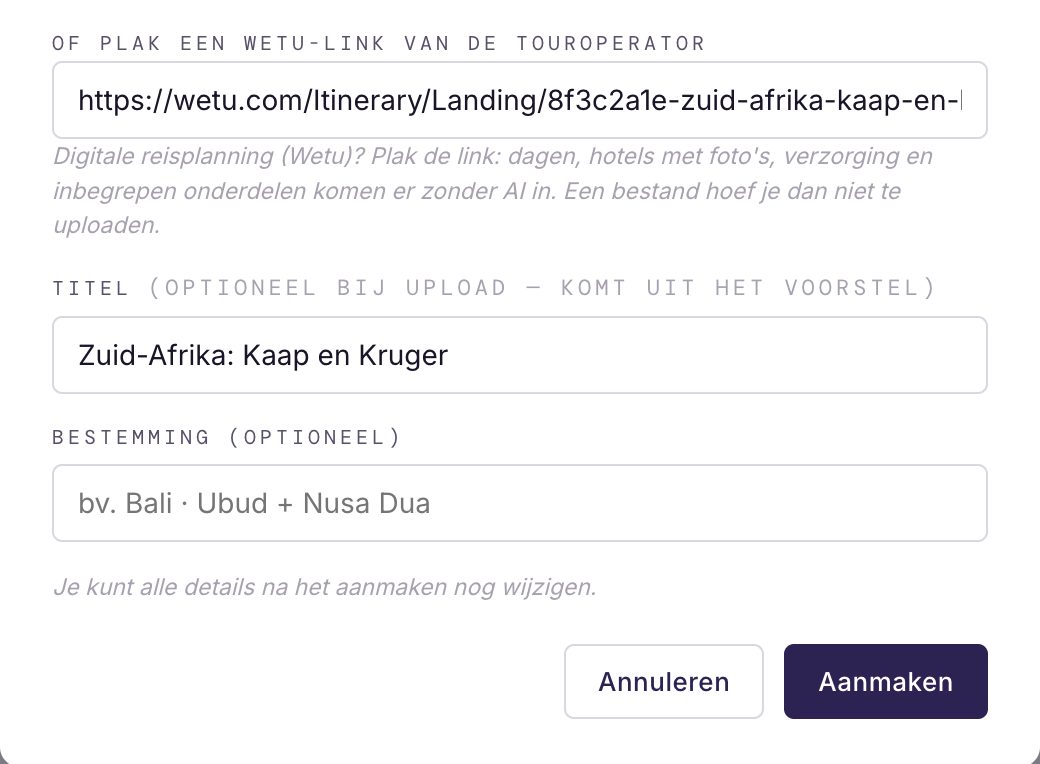 Het venster Nieuw reisplan met een Wetu-link geplakt in het veld van de touroperator