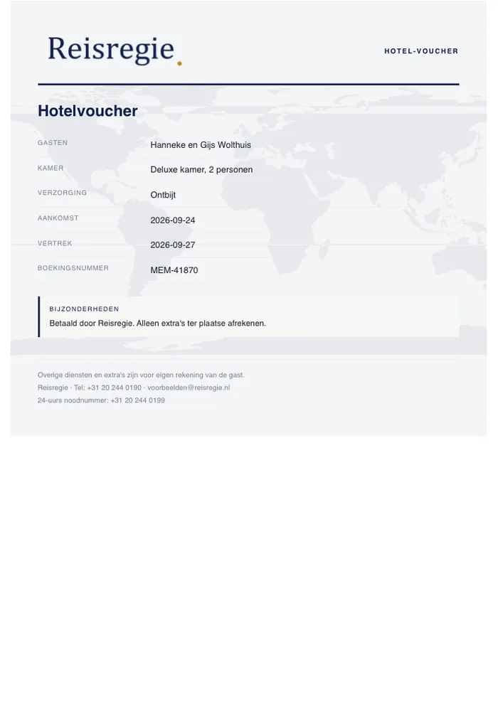 Eerste pagina van de hotelvoucher